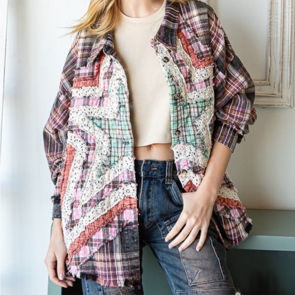 Oli & Hali Star Plaid Patchwork Star shacket lace  button down multicolor pink - Picture 7 of 9